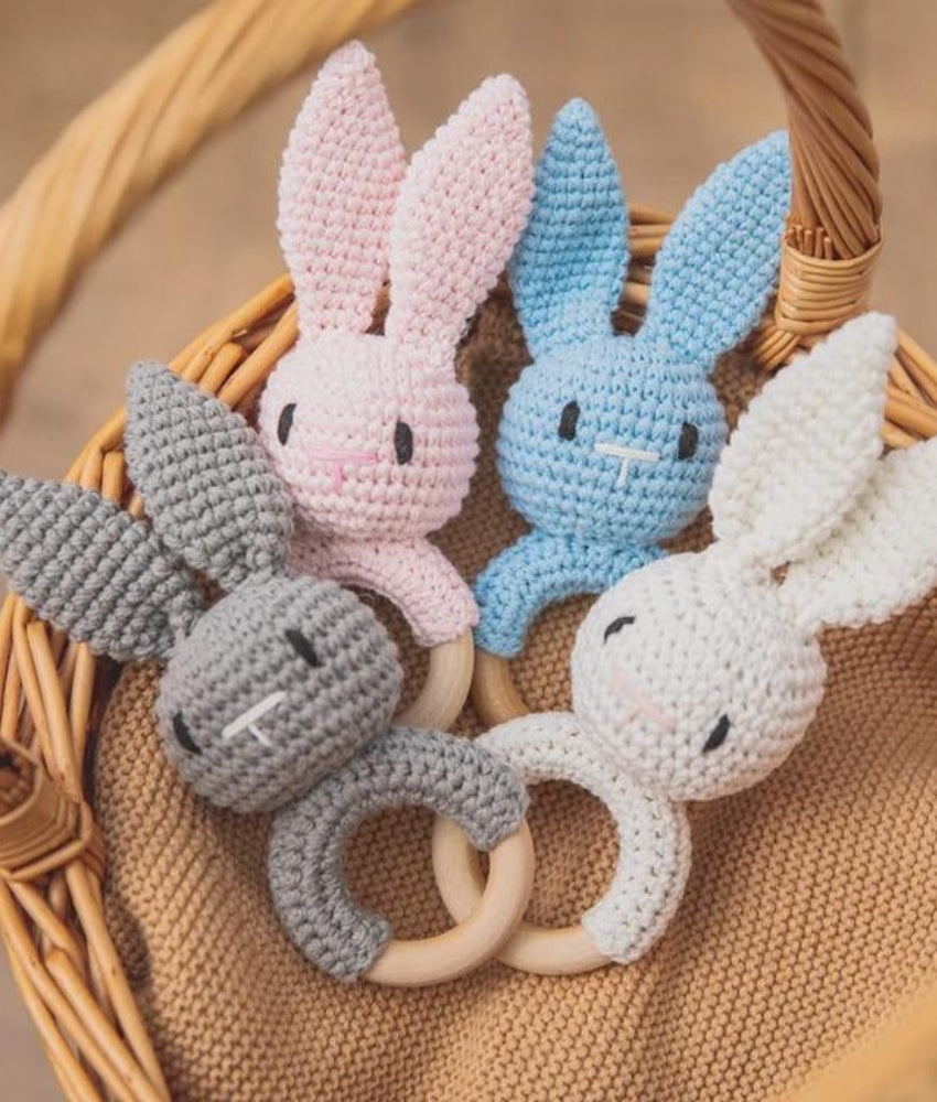 Elegant Smockers LK | Crochet Bunny Wooden Baby Rattle - Brown | Sri Lanka