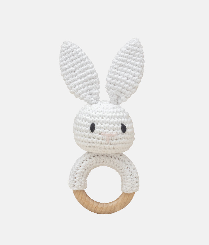 Elegant Smockers LK | Crochet Bunny Wooden Baby Rattle - White | Sri Lanka