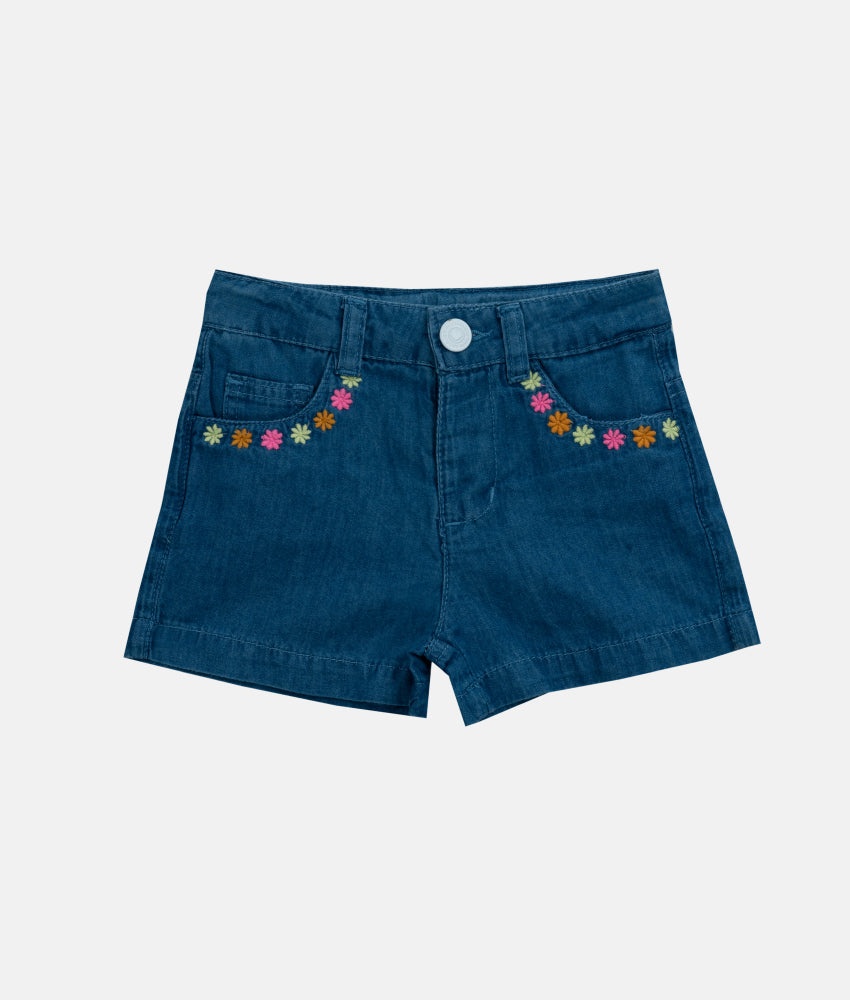 Elegant Smockers LK | Girls Casual Denim Shorts - Flower Pockets | Sri Lanka