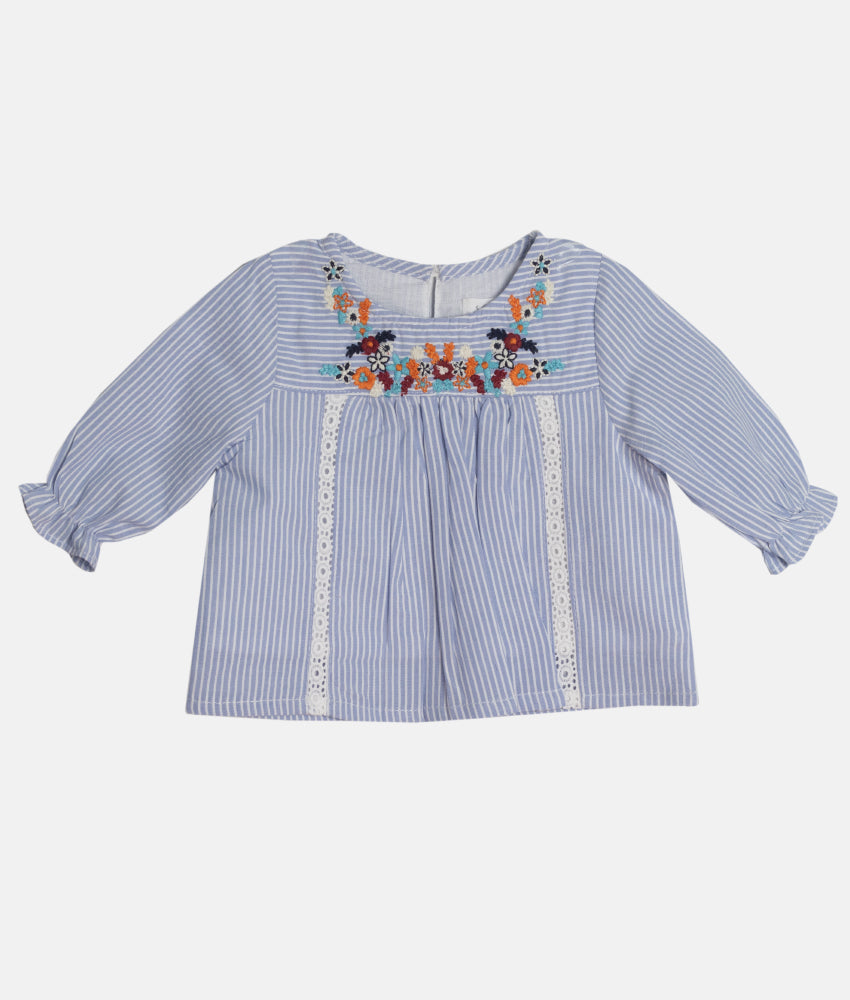 Girl Striped Embroidery Polo Knit Top - Light Blue - SG2512129A