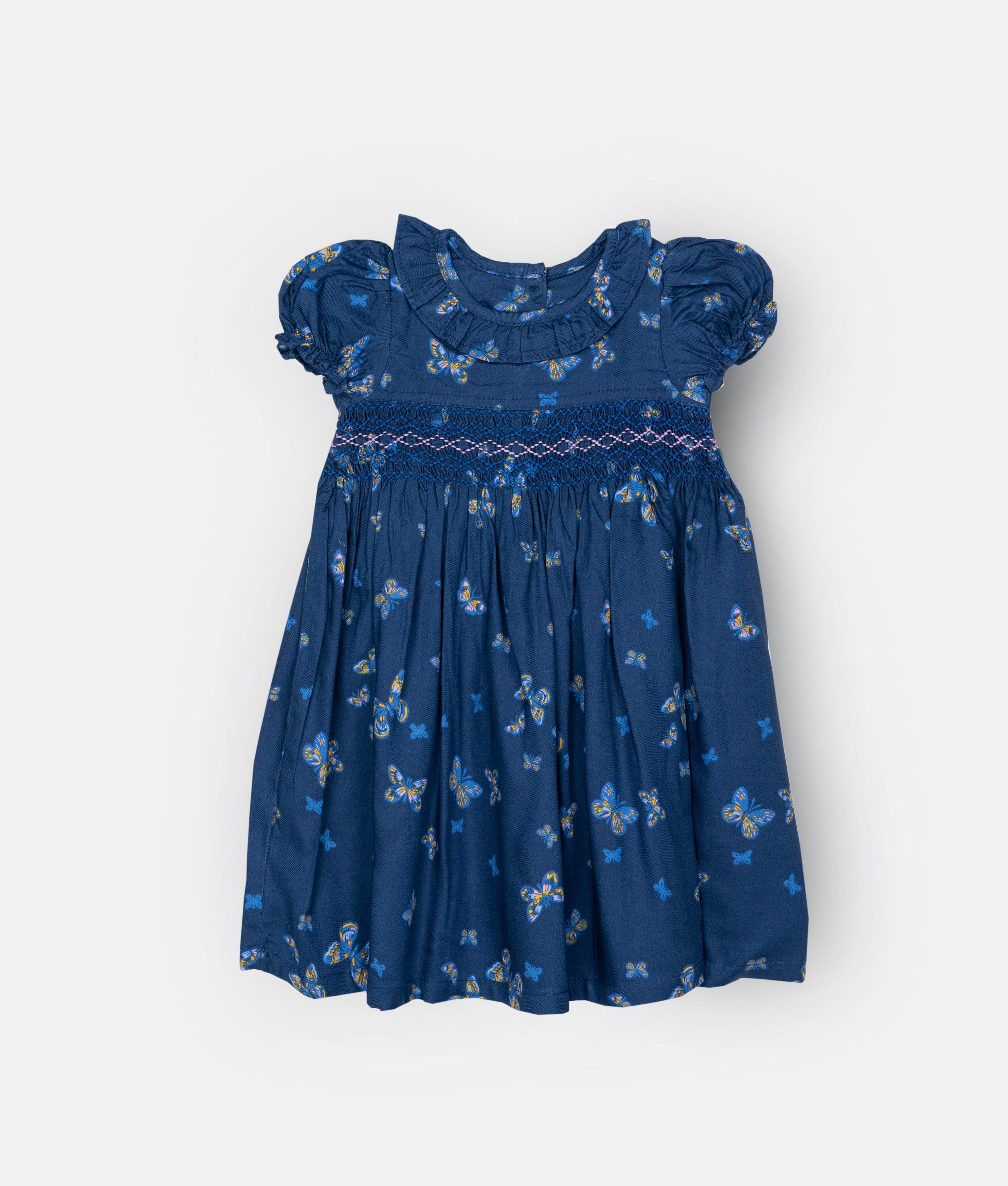 Elegant Smockers LK | Navy Blue Butterfly Print Smocked Girls Dress | Sri Lanka