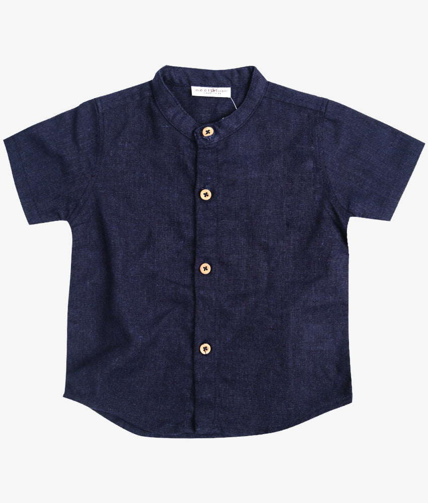 Elegant Smockers LK | Navy Blue Short Sleeve Chinese Collar Boys Shirt | Sri Lanka
