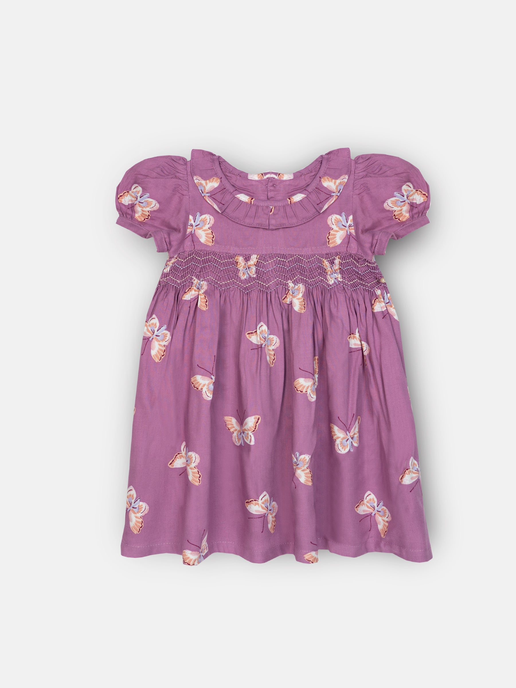 Elegant Smockers LK | Purple Butterfly Print Smocked Girls Dress | Sri Lanka