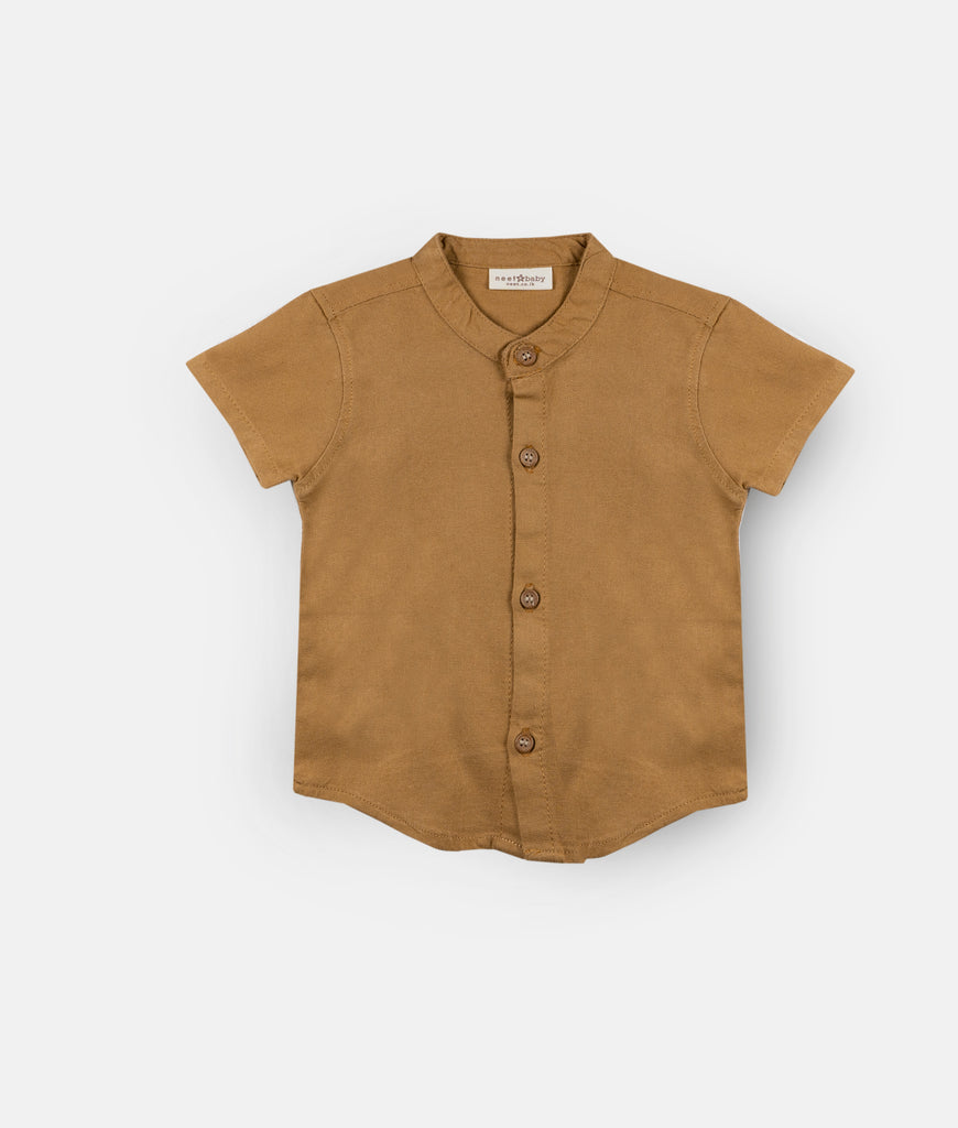 Elegant Smockers LK | Light Brown Chinese Collar Short Sleeved Boys Shirt | Sri Lanka 