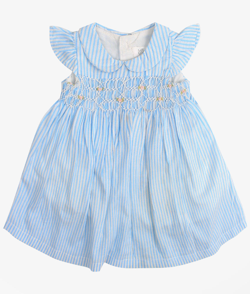 Elegant Smockers LK | Baby Blue Striped Flutter Sleeved Smocked Dress | Sri Lanka 