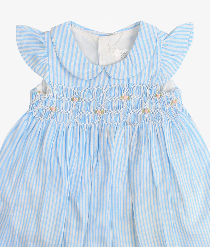 Elegant Smockers LK | Baby Blue Striped Flutter Sleeved Smocked Dress | Sri Lanka 