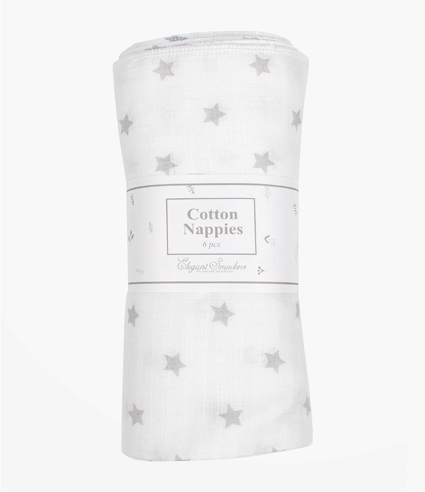 Elegant Smockers LK | Baby Cotton Nappies - 18x18" -Grey Stars | Sri Lanka 