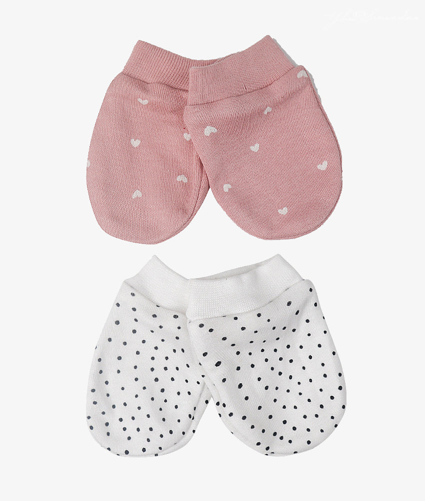 Elegant Smockers LK | Baby Mittens - 02pcs Pack - Dusty Pink Hearts & White Dots | Sri Lanka 
