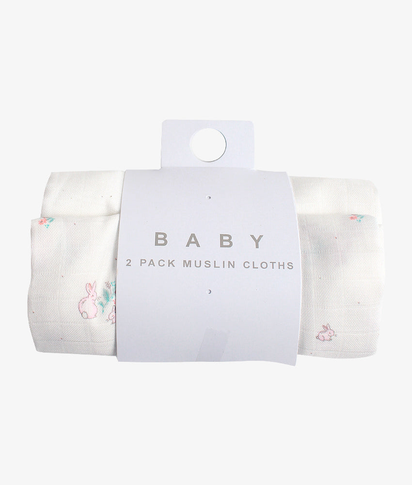 Elegant Smockers LK | Baby Muslin Cloth Pack - Bunny Print & Plain - 2pcs | Sri Lanka 