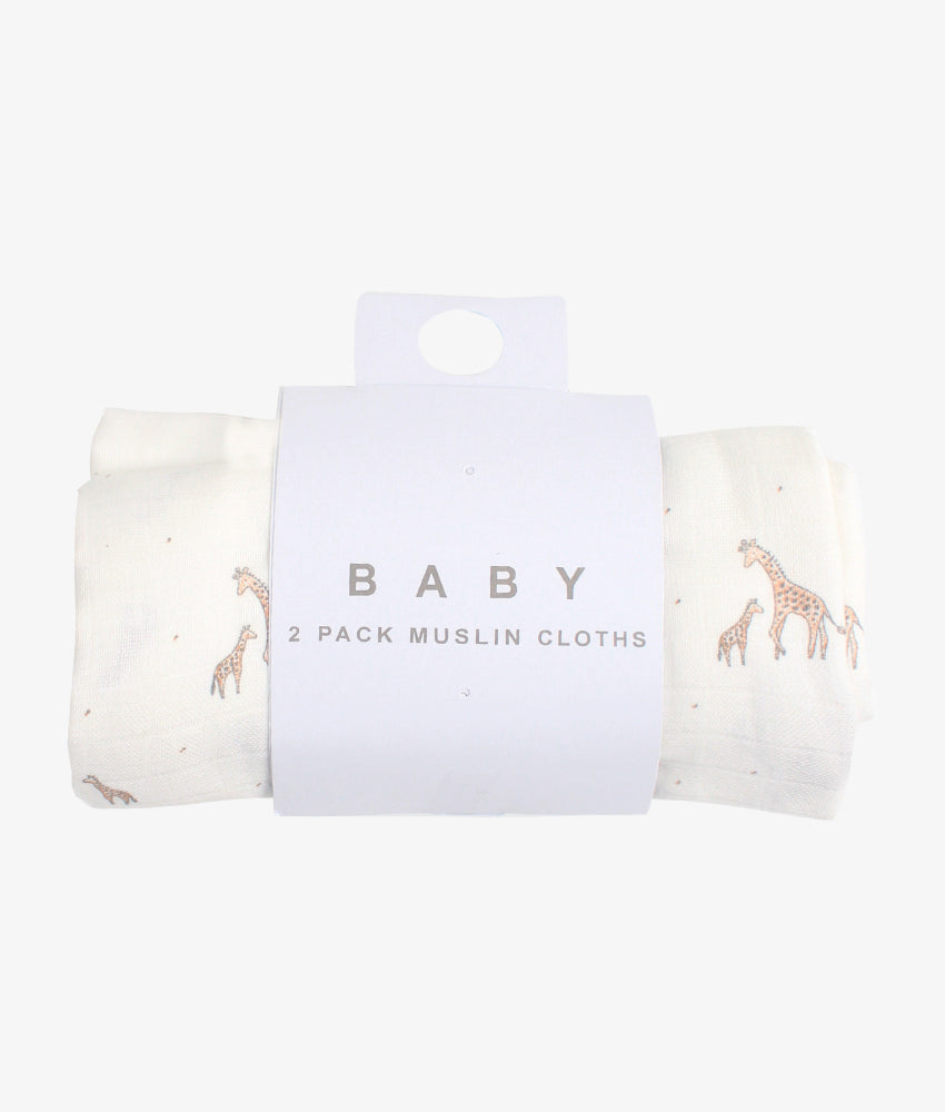 Elegant Smockers LK | Baby Muslin Cloth Pack - Giraffe Print & Plain - 2pcs | Sri Lanka 