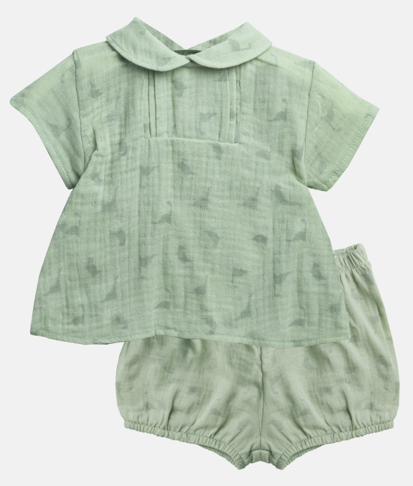 Elegant Smockers LK | Baby Shirt & Bloomer 2Pcs Set  - Matcha Green Dinosaur Print | Sri Lanka 