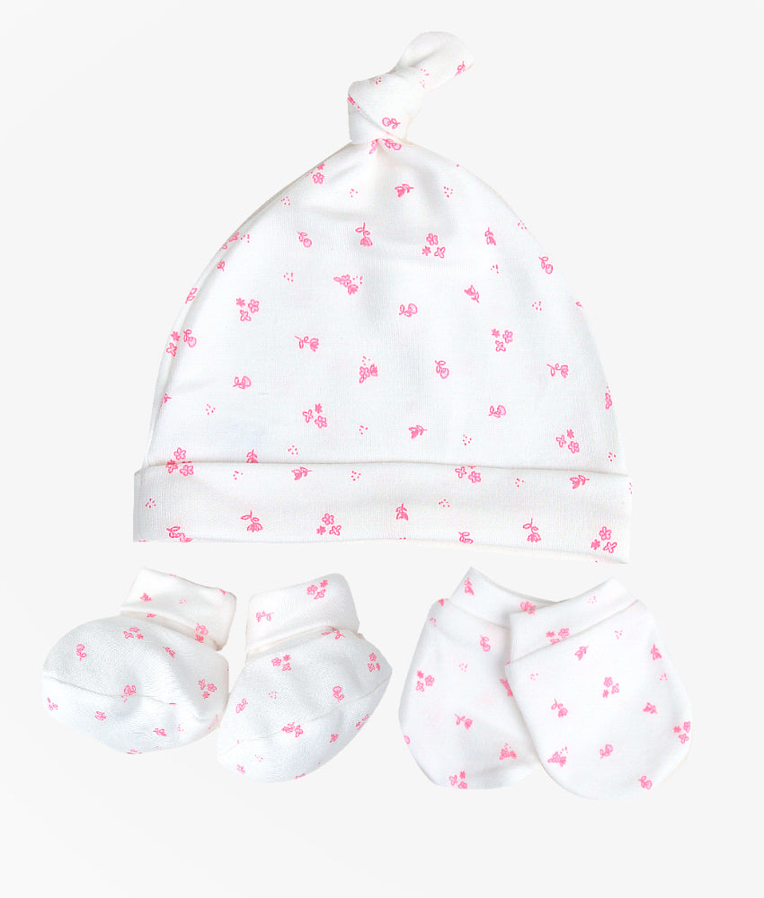 Elegant Smockers LK | Baby Socks, Mittens & Cap Set - Pink Mini Floral Print | Sri Lanka 