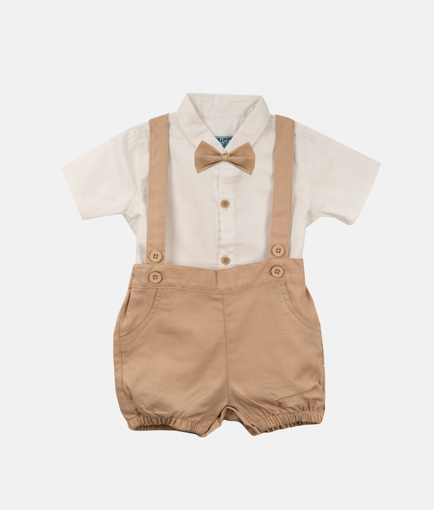 Elegant Smockers LK | Beige Baby Shirt & Bloomers with Straps - Bow | Sri Lanka 