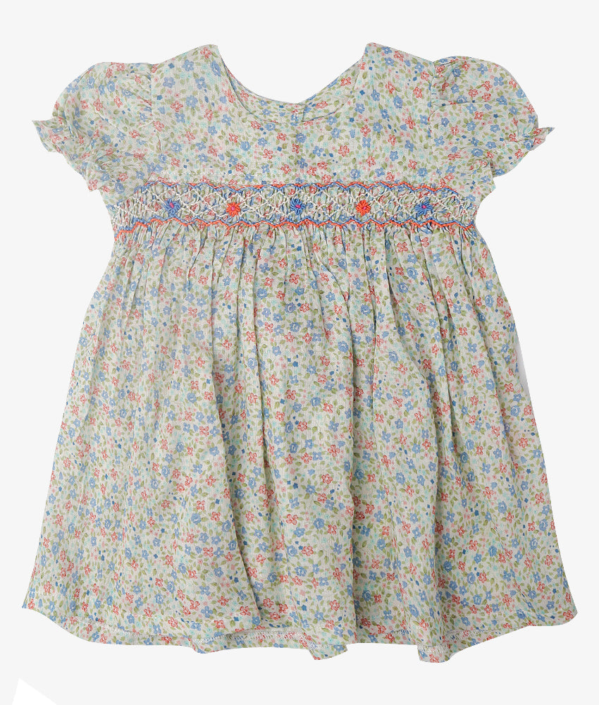 Elegant Smockers LK | Blue Blossom Puffed Sleeved Smocked Baby Dress | Sri Lanka 