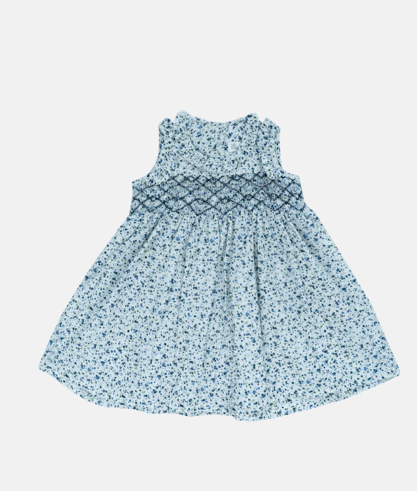 Elegant Smockers LK | Blue Print Ruffle Collared Smocked Girls Dress | Sri Lanka 