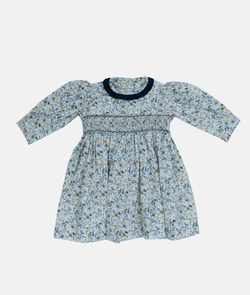 Elegant Smockers LK | Blue Ruffle Collared Long Sleeved Smocked Dress | Sri Lanka 