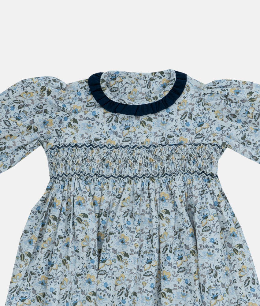 Elegant Smockers LK | Blue Ruffle Collared Long Sleeved Smocked Dress | Sri Lanka 