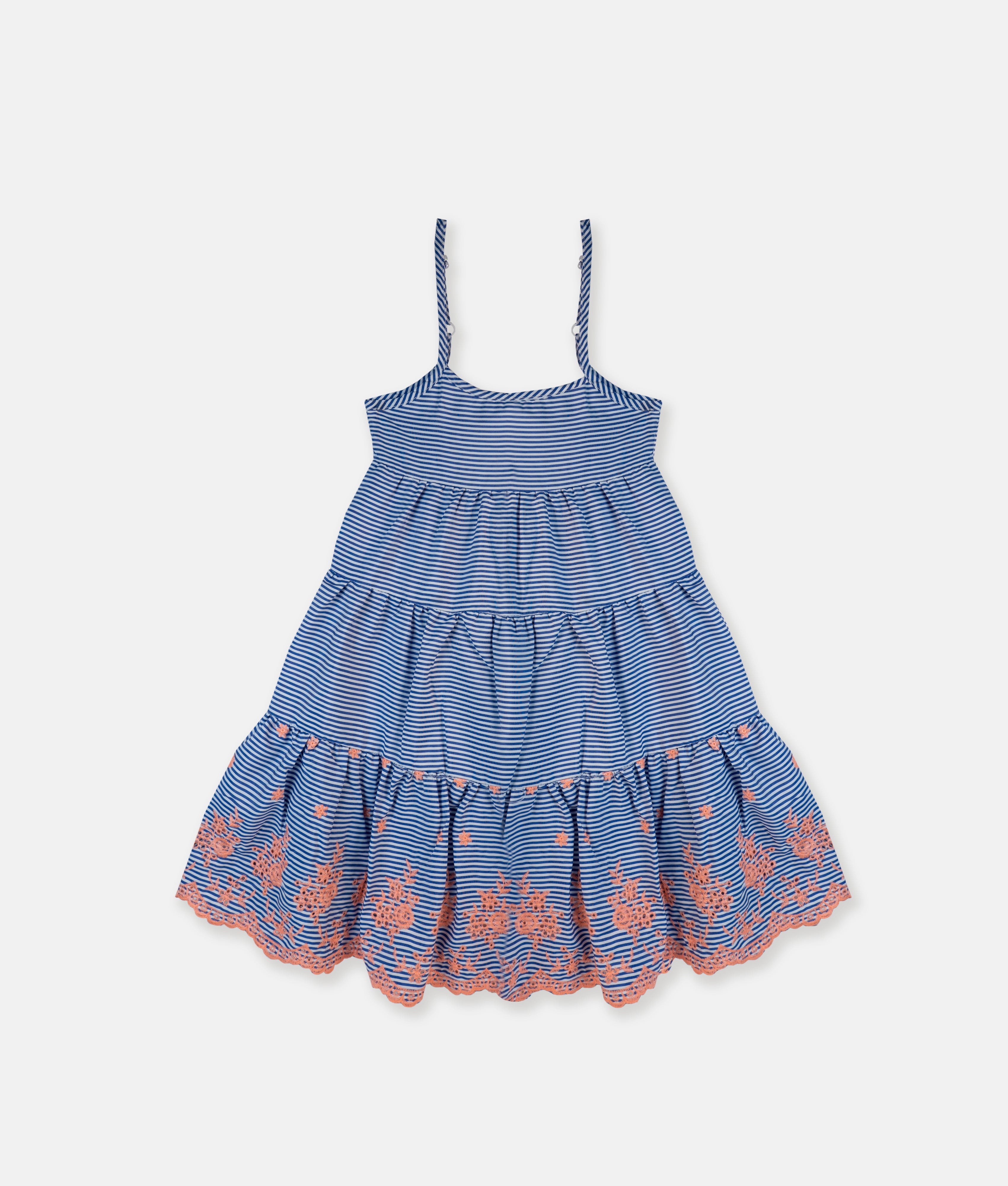 Elegant Smockers LK | Blue & White Stripes Strap Dress - Peach Floral Embroidery | Sri Lanka 