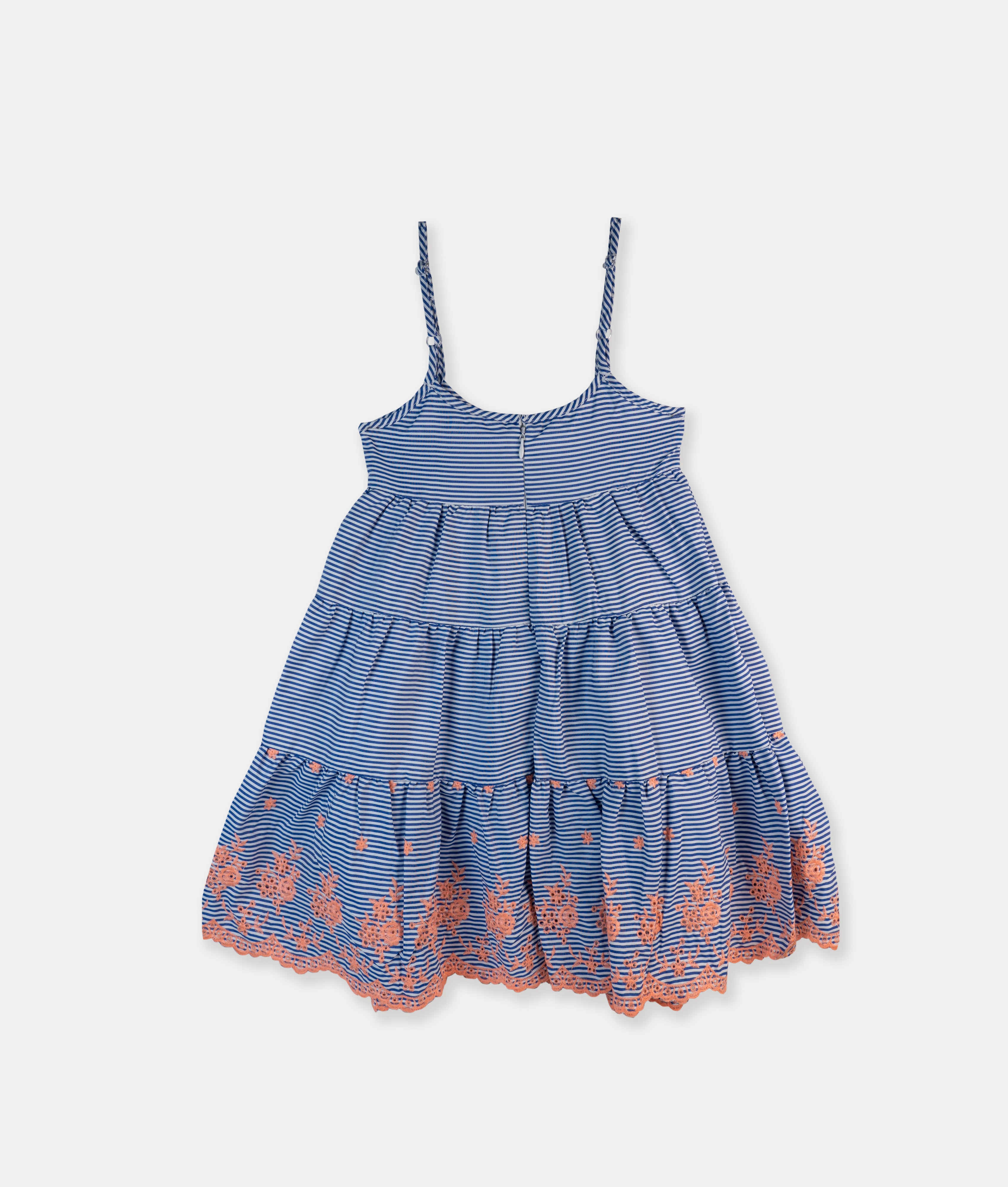 Elegant Smockers LK | Blue & White Stripes Strap Dress - Peach Floral Embroidery | Sri Lanka 