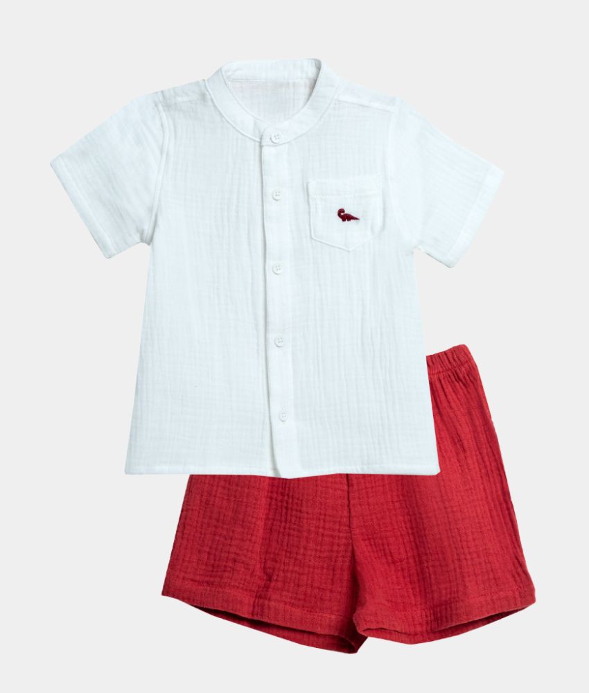 Elegant Smockers LK | Boys Chinese Collar Short Sleeve Shirt & Short 2pcs Set - Maroon | Sri Lanka 