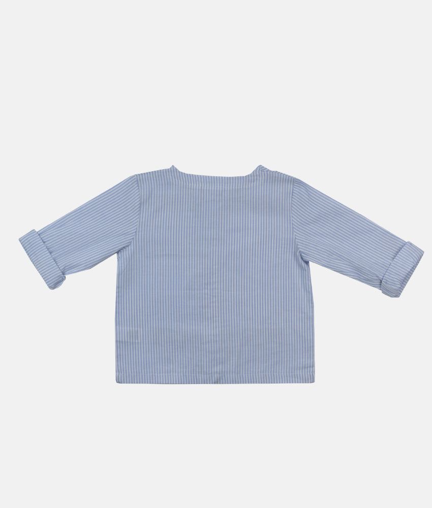 Elegant Smockers LK | Boys Chinese Collared Shirt & Short With Hat 3pcs Set - Blue Striped | Sri Lanka 