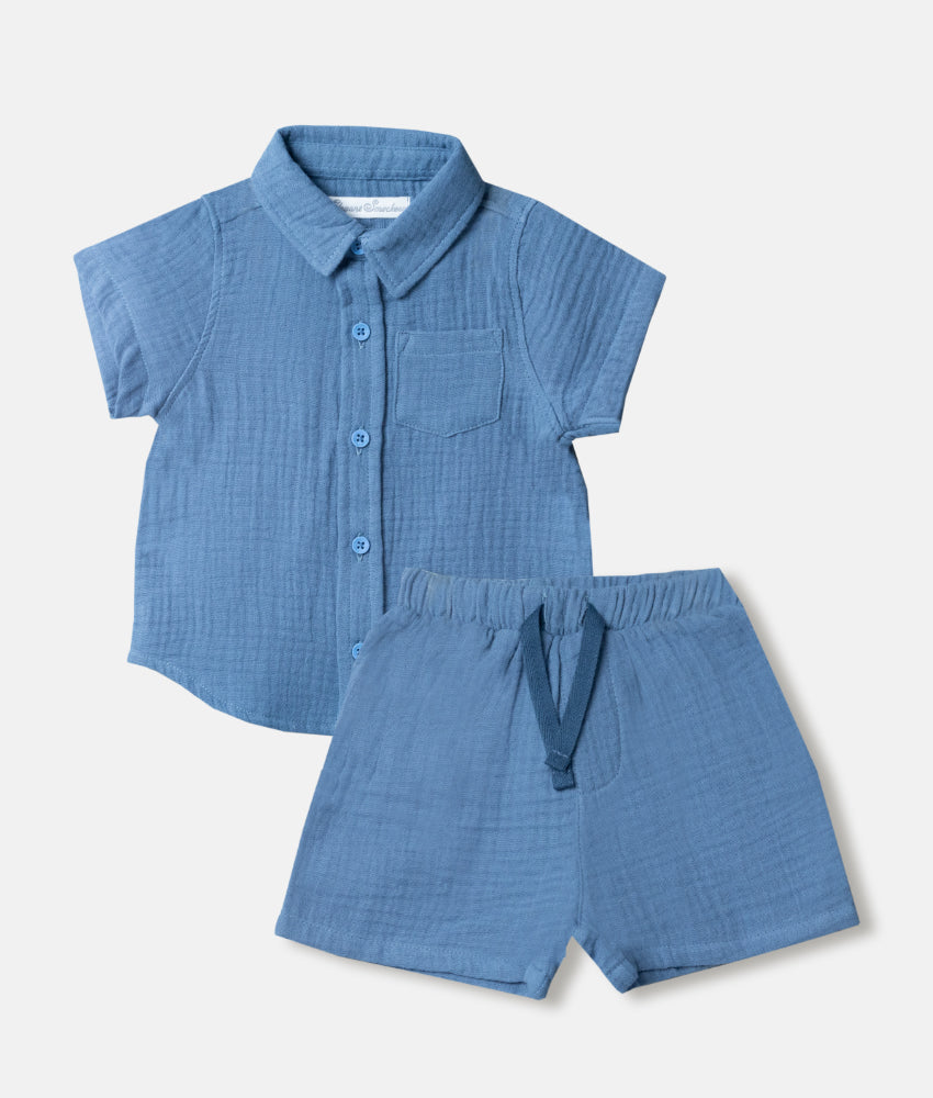 Elegant Smockers LK | Boys Collar Short Sleeve Shirt & Short 2pcs Set - Slate Blue | Sri Lanka 