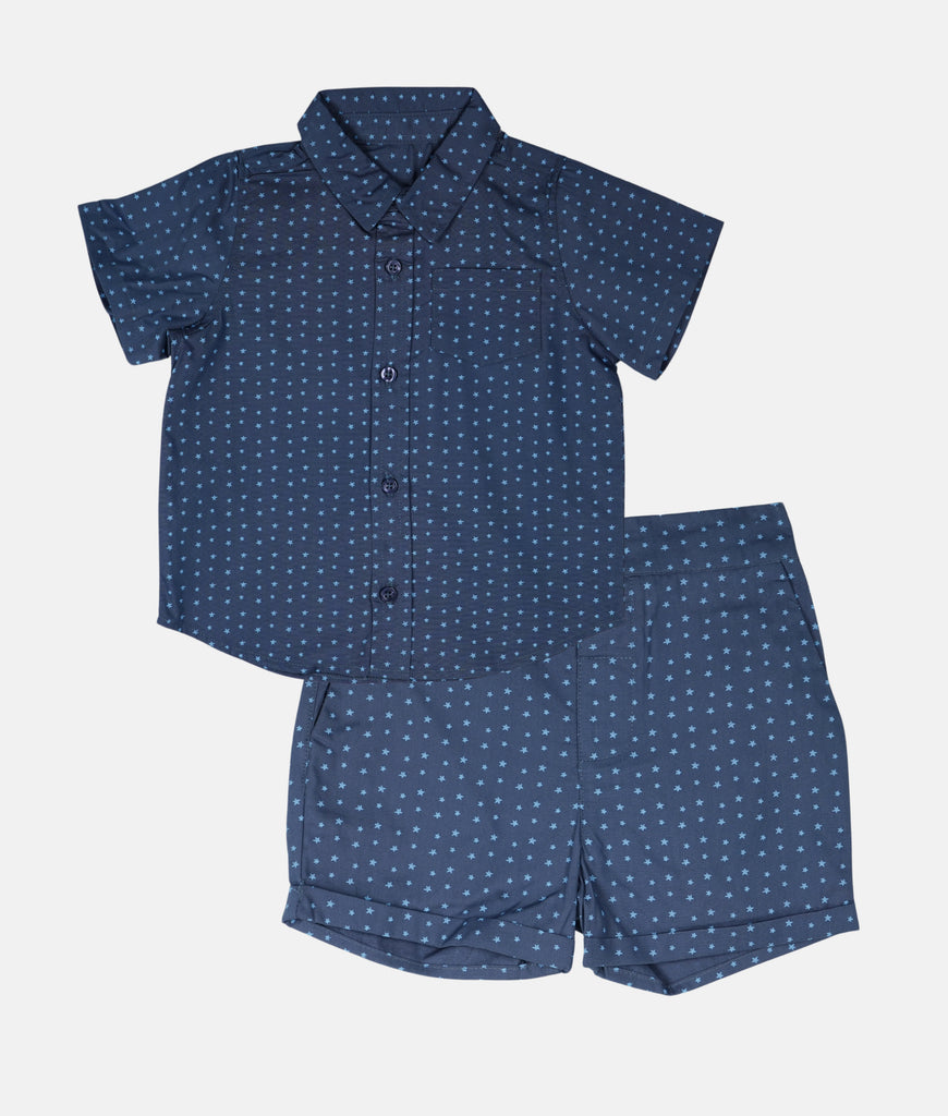 Elegant Smockers LK | Boys Collared Short Sleeve Shirt & Short 2pcs Set - Blue Stars | Sri Lanka 