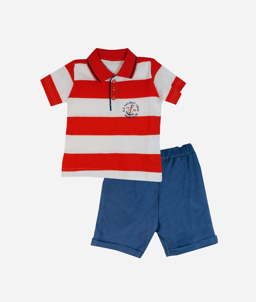 Elegant Smockers LK | Boys Shirt & Short 2pcs Set - Red Stripes | Sri Lanka 