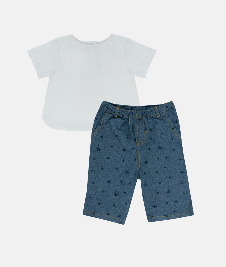 Elegant Smockers LK | Boys T Shirt & Short 2pcs Set - White & Blue Print | Sri Lanka 