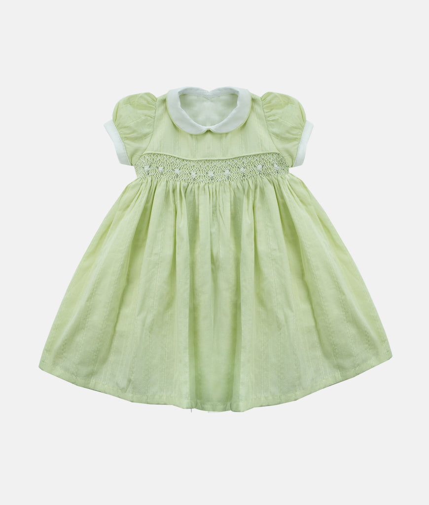 Elegant Smockers LK | Collared Smocked Puff Sleeved Baby Dress - Light Lime | Sri Lanka 