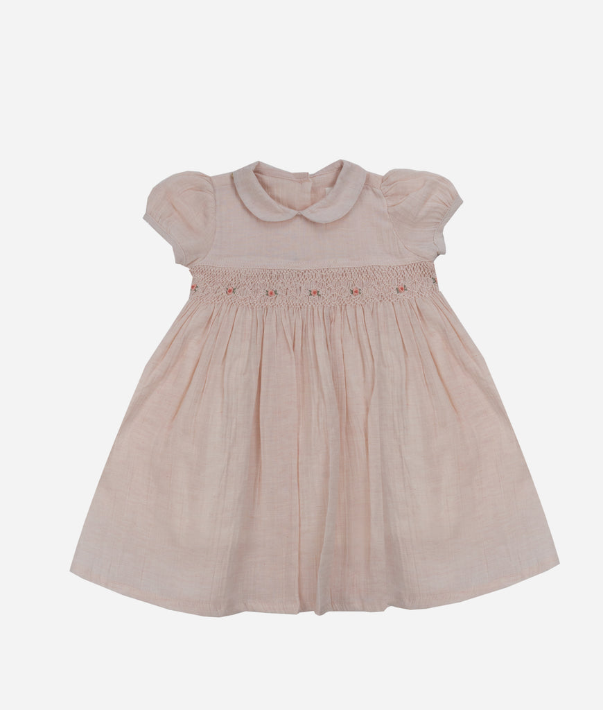 Elegant Smockers LK | Collared Smocked Puff Sleeved Girls Dress - Peach Dust | Sri Lanka 