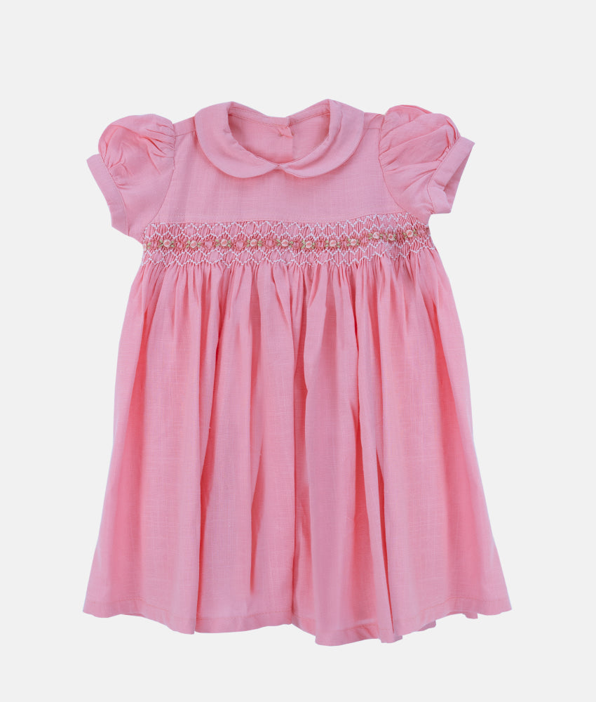 Elegant Smockers LK | Coral Pink Puffed Sleeved Smocked Baby  Dress | Sri Lanka 