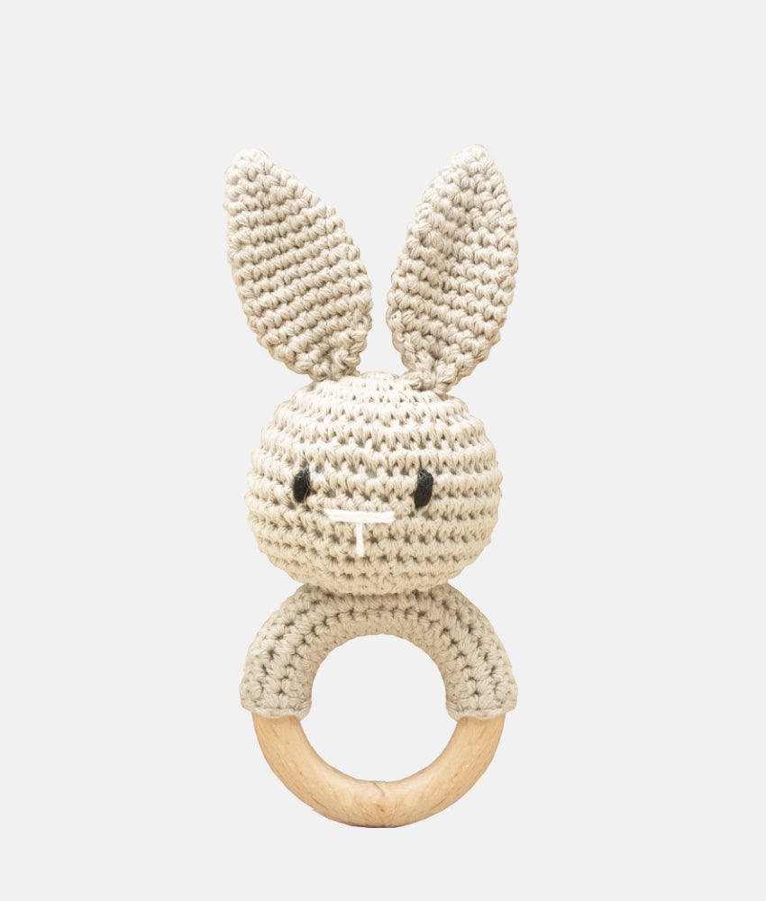 Elegant Smockers LK | Crochet Bunny Wooden Baby Rattle - Brown | Sri Lanka 