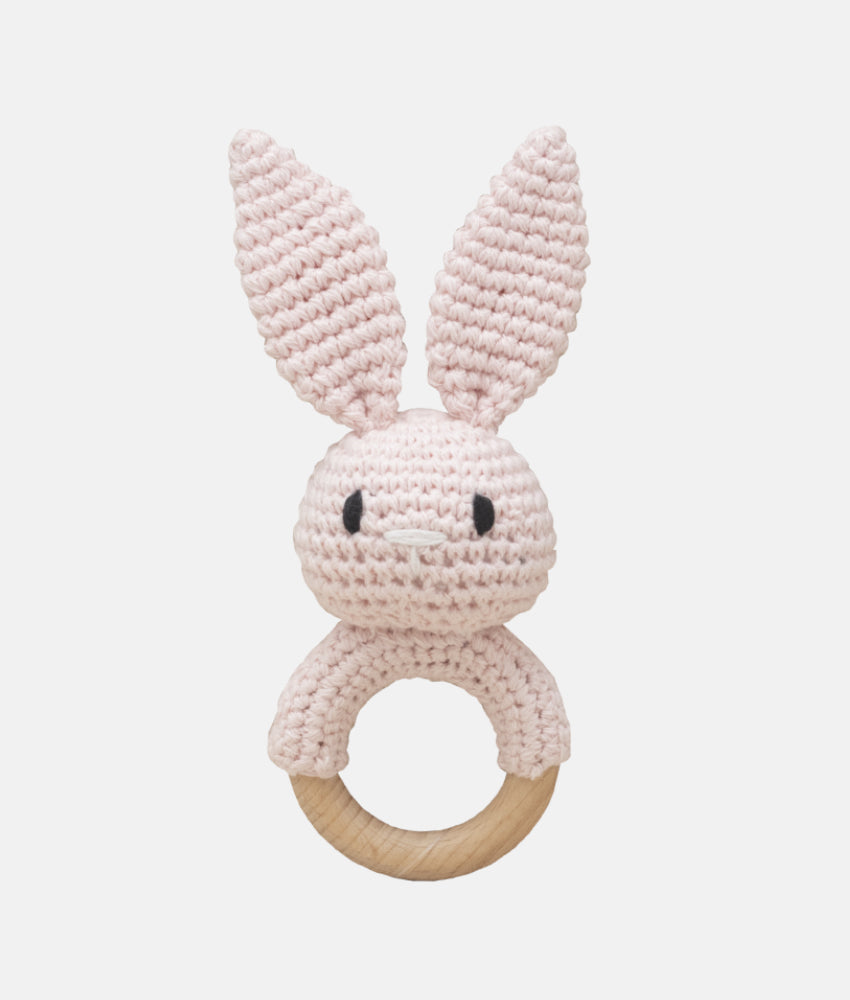 Elegant Smockers LK | Crochet Bunny Wooden Baby Rattle - Pink | Sri Lanka 