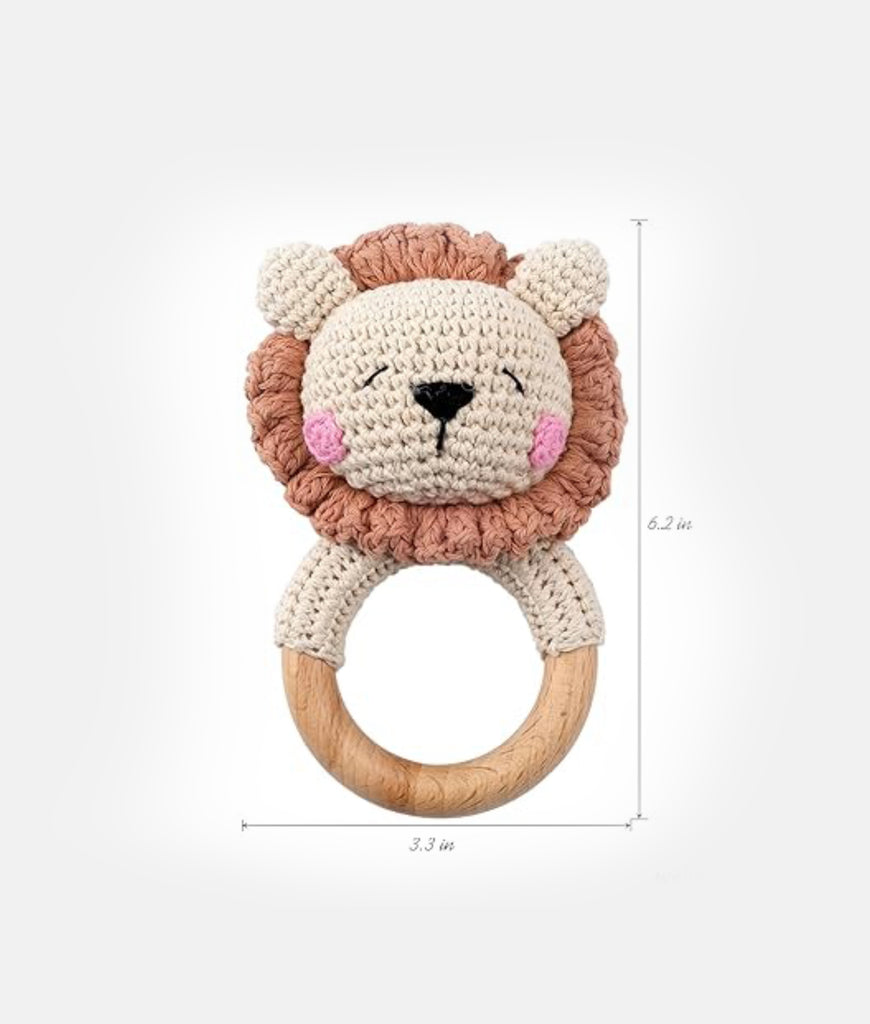 Elegant Smockers LK | Crochet Wooden Baby Rattle - Lion | Sri Lanka 