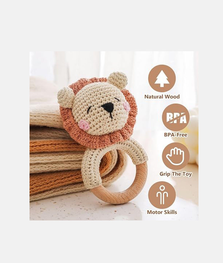 Elegant Smockers LK | Crochet Wooden Baby Rattle - Lion | Sri Lanka 