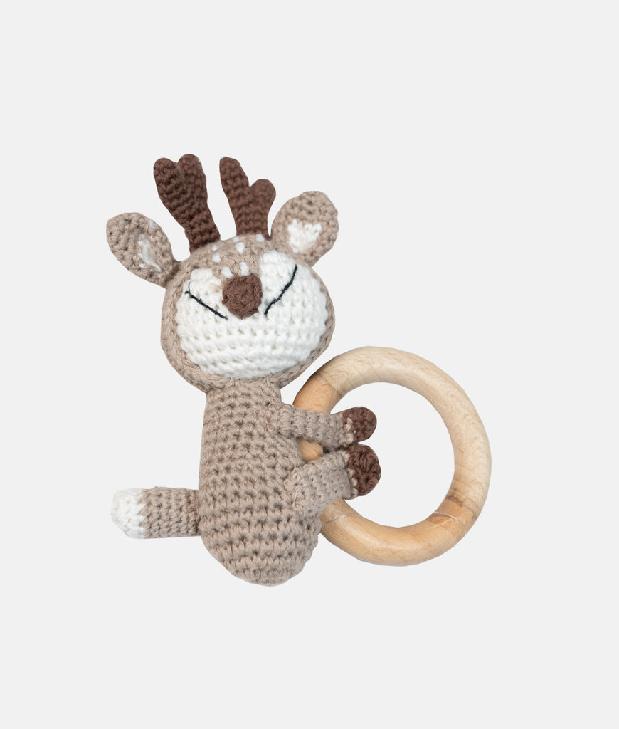 Elegant Smockers LK | Crochet Wooden Baby Rattle - Reindeer | Sri Lanka 