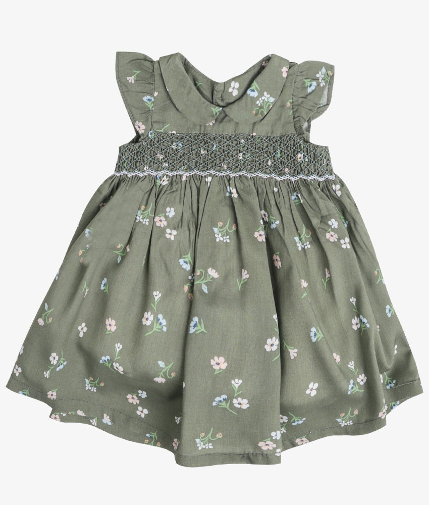 Elegant Smockers LK | Dark Green Floral Smocked Baby Dress | Sri Lanka 