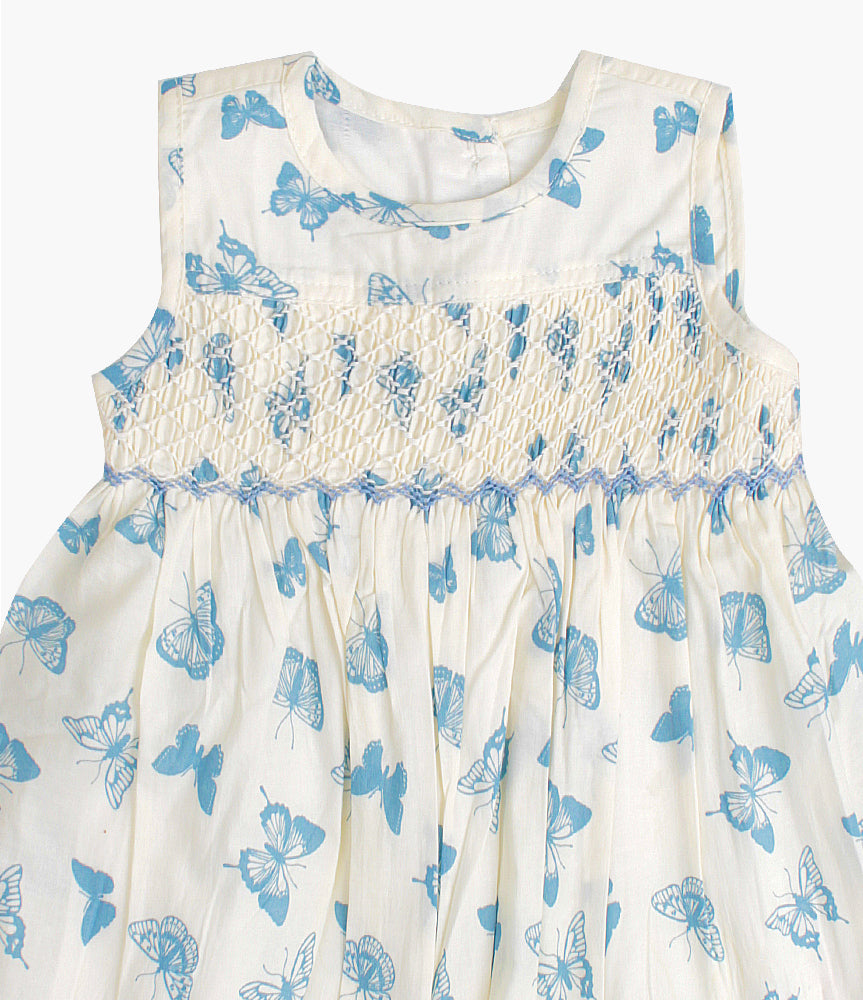 Elegant Smockers LK | Emma Teal Ivory Butterfly Print Smocked Dress | Sri Lanka 