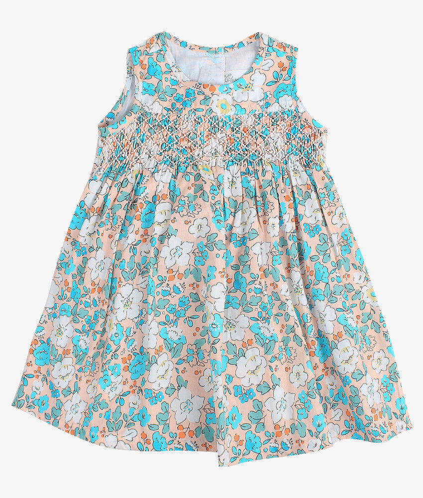 Elegant Smockers LK | Emma Mint Floral Peach Smocked Baby Dress | Sri Lanka 