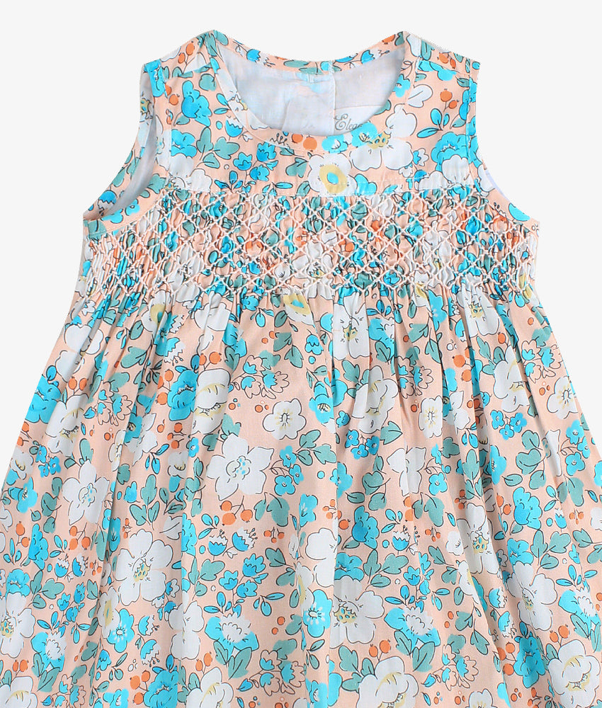 Elegant Smockers LK | Emma Mint Floral Peach Smocked Baby Dress | Sri Lanka 
