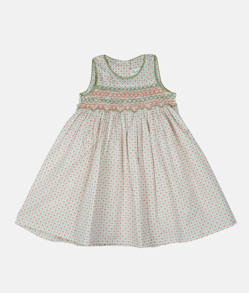 Elegant Smockers LK | Emma Orange & Green Print Smocked Girls Dress | Sri Lanka 