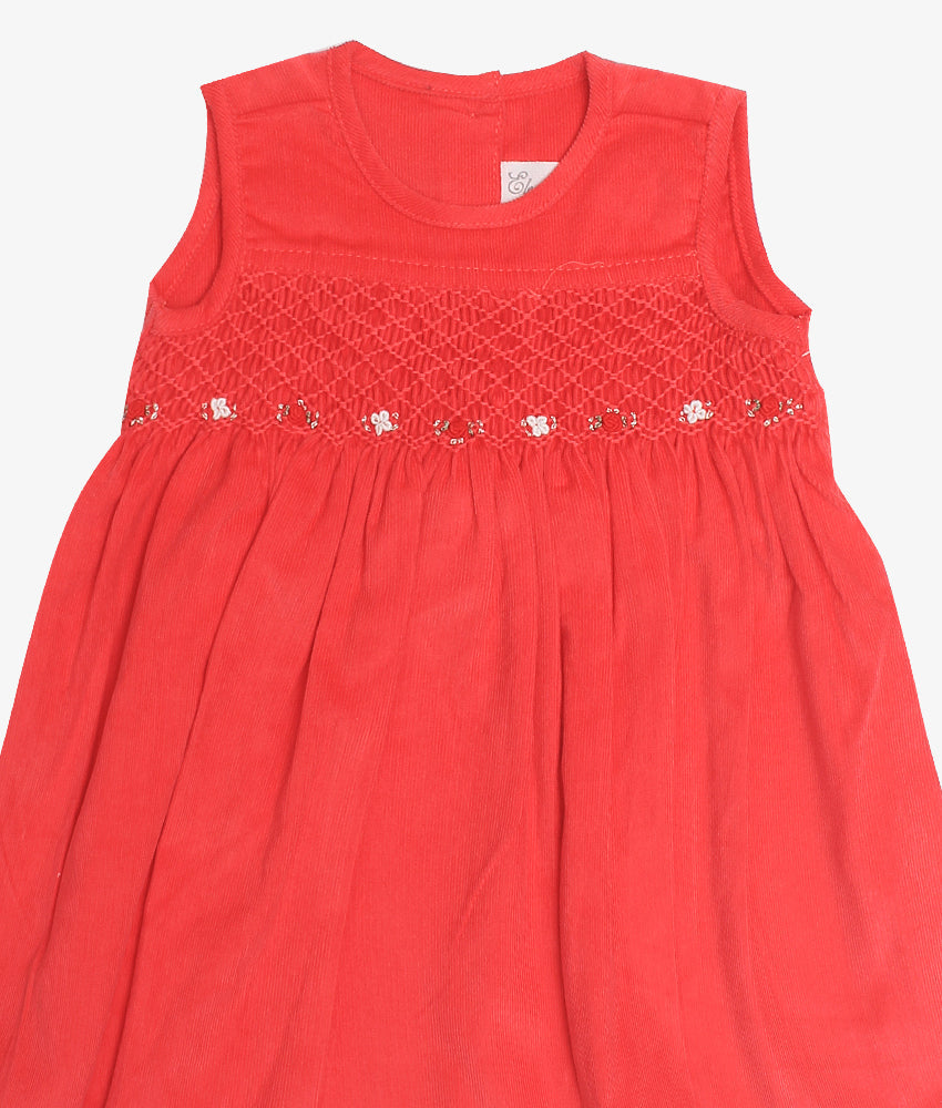 Elegant Smockers LK | Emma Red Corduroy Smocked Baby Dress | Sri Lanka 