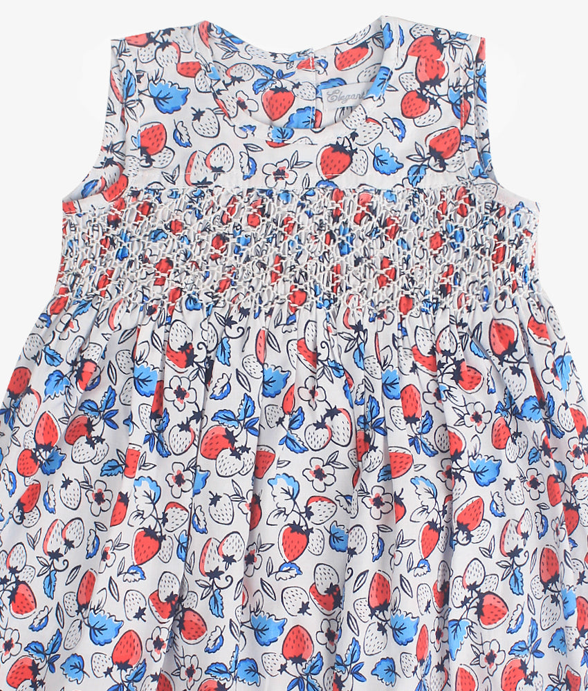 Elegant Smockers LK | Emma Strawberry Print Smocked Girls Dress | Sri Lanka 