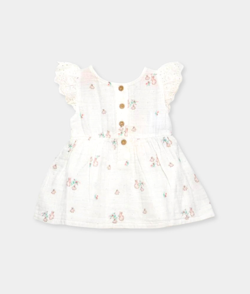 Elegant Smockers LK | Flutter Sleeved White Lace Girls Dress - Rabbit Print | Sri Lanka 
