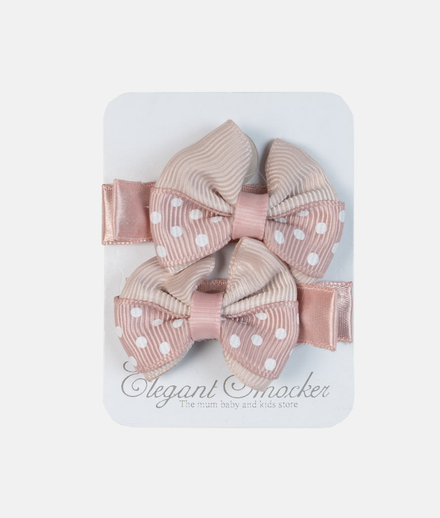 Elegant Smockers LK | Girls'  2Pcs Colorful Bow Hair Clips - Dusty Pink Dotted | Sri Lanka 