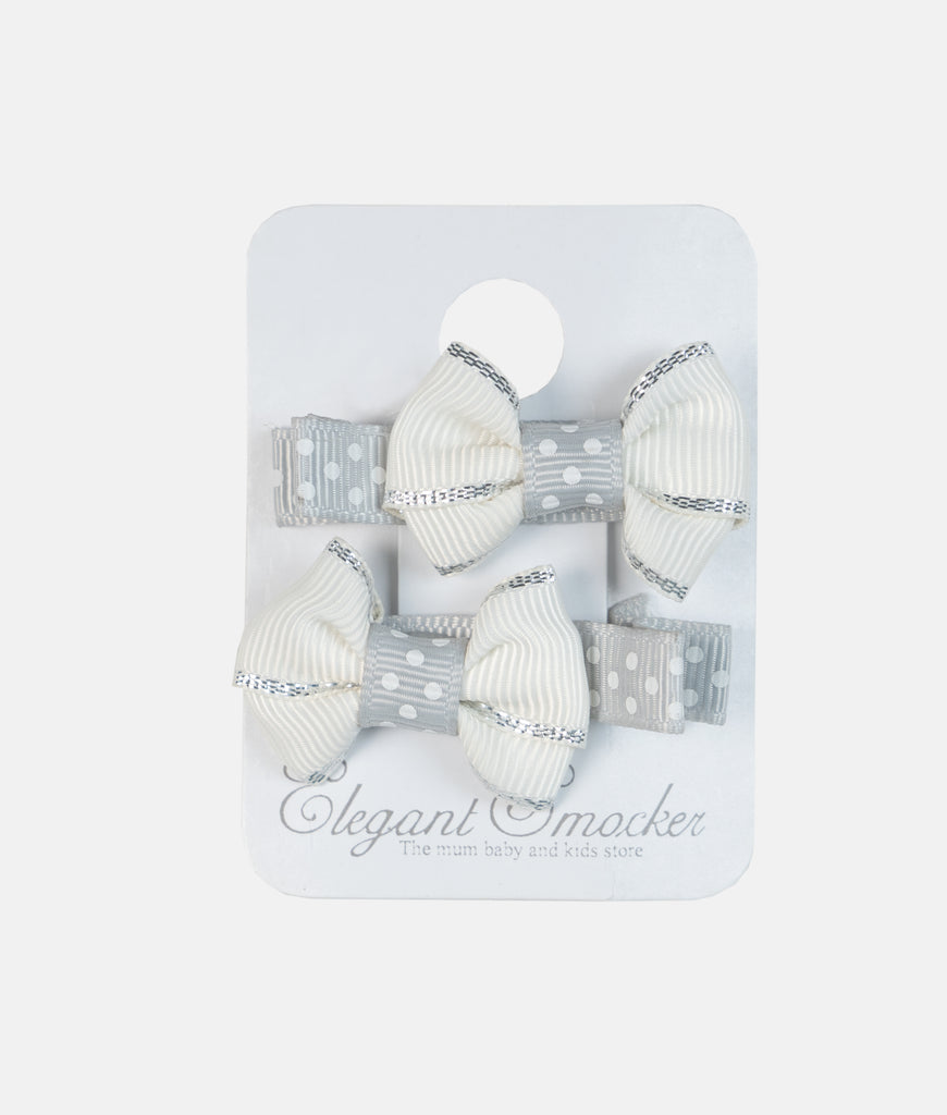 Elegant Smockers LK | Girls'  2Pcs Colorful Bow Hair Clips - Ivory Grey Dotted | Sri Lanka 