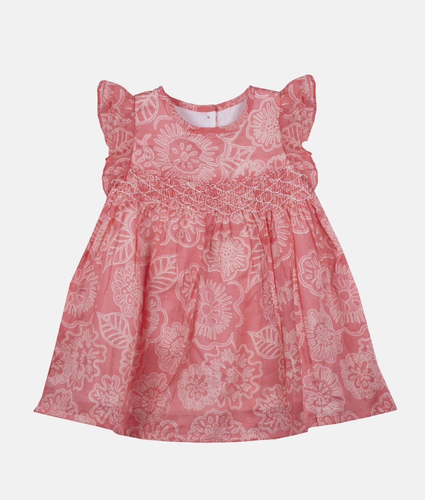 Elegant Smockers LK | Girls Coral Pink Flutter Sleeved Smocked Bishop Dress (0-3 Months) | Sri Lanka 