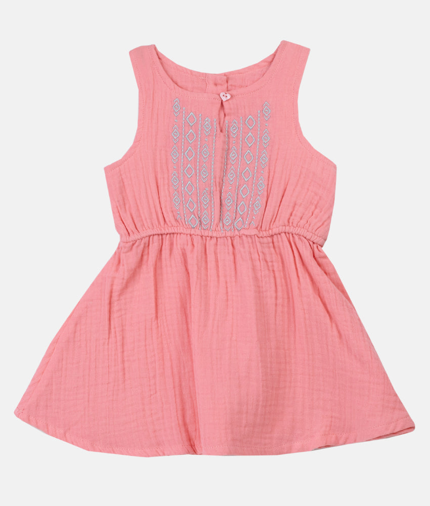 Elegant Smockers LK | Girls Embroidery Sleeveless Dress - Coral Pink | Sri Lanka 