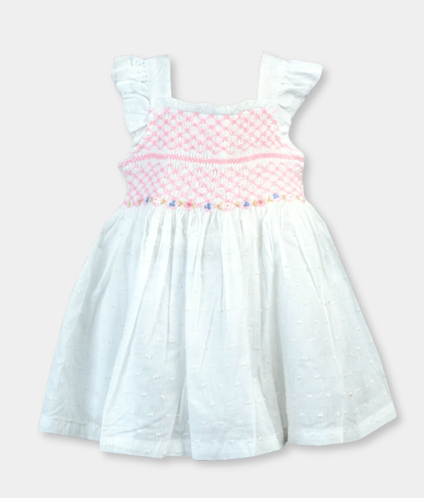Elegant Smockers LK | Girls Flutter Sleeved Pink Smocked Dress - White | Sri Lanka 